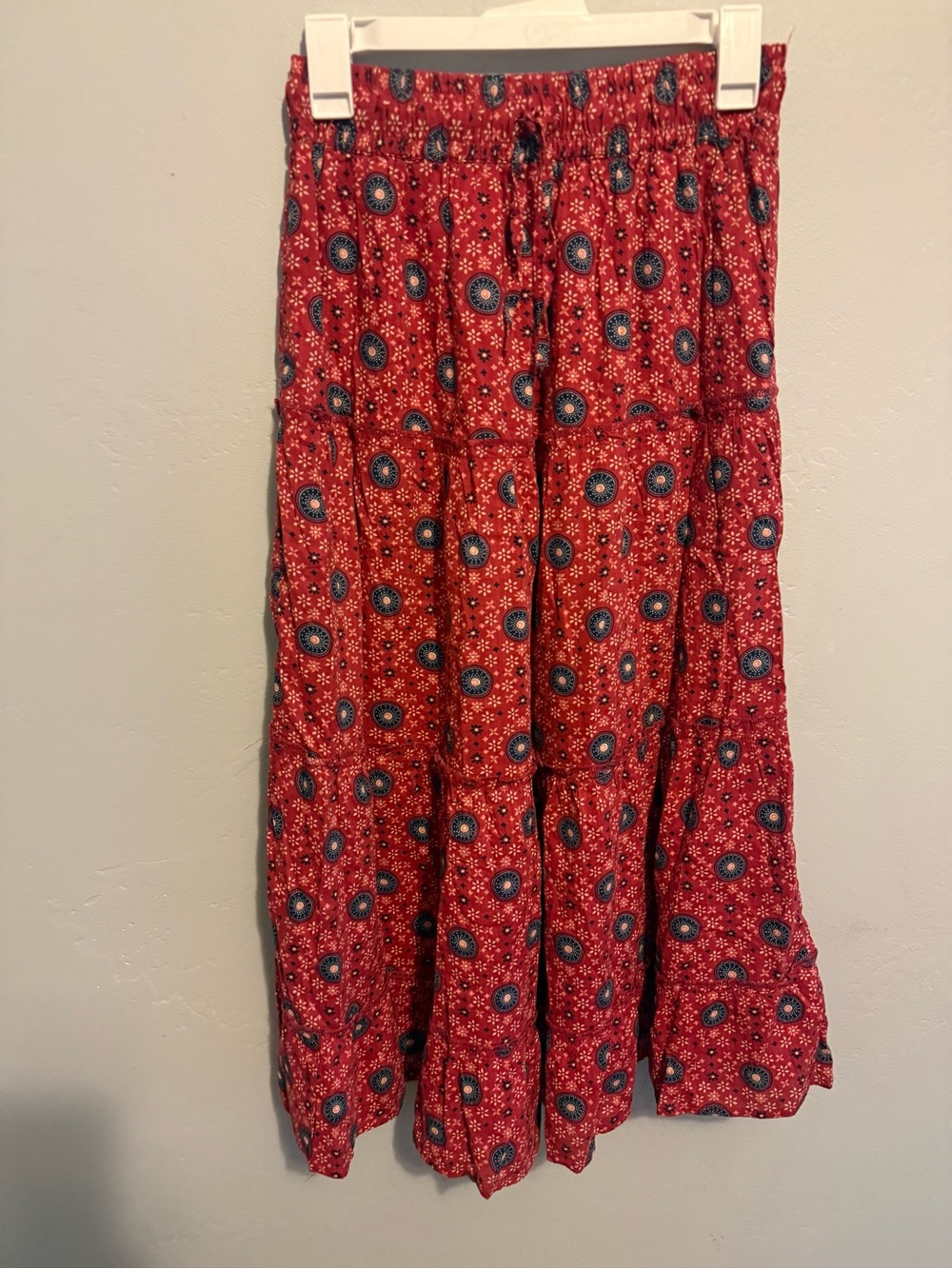 dip Red Printed Tiered Maxi Skirt with Blue Medallion Motif